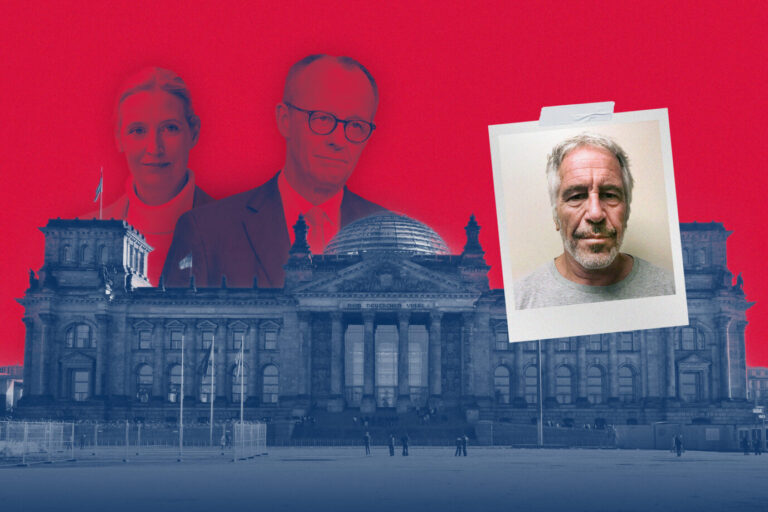 Die Bildmontage zeigt Alice Weidel, Friedrich Merz, Jeffrey Epstein und den Bundestag.