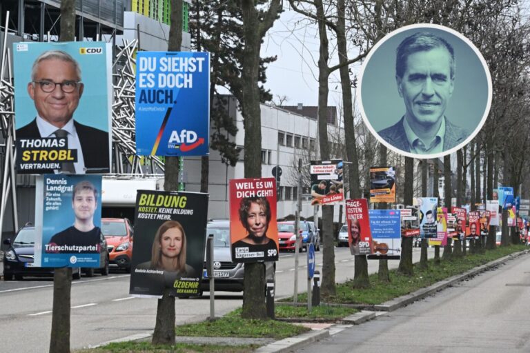 Wahlplakate der Parteien für die Landtagswahl 2026 in Baden-Württemberg sind an Bäumen einer Allee an einer Zufahrtsstraße befestigt. Die CDU, die Grünen und die AfD sind dort die stärksten Parteien.