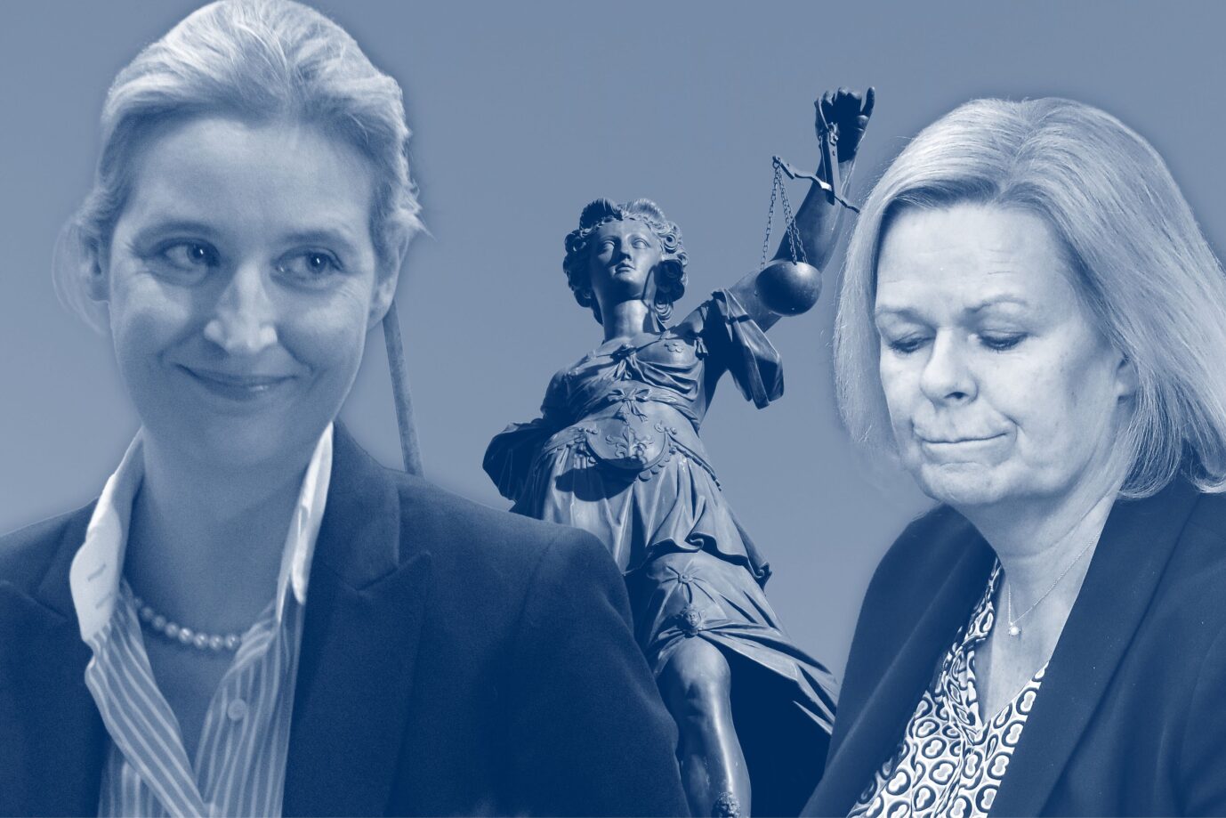 Das Bild zeigt die AfD-Chefin Alice Weidel, eine Justizia-Statue und die ehemalige Bundesinnenministerin Nancy Faeser (SPD). Faeser hatte beim Verfassungsschutz ein Gutachten beauftragt, das die AfD als rechtsextrem einstuft.