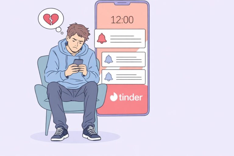 Das Bild zeigt einen Mann, der die App Tinder benutzt. Männer haben es dort nicht leicht.