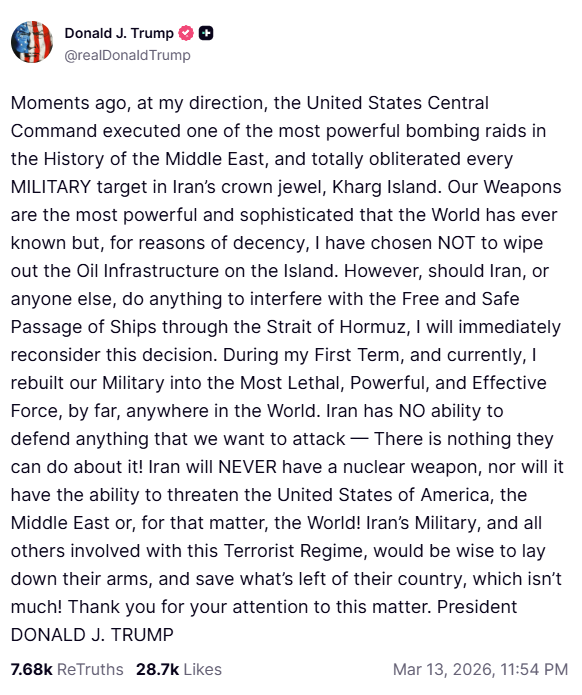 Auf Truth Social berichtet Trump vom Angriff auf die Insel Kharg. Screenshot: JF