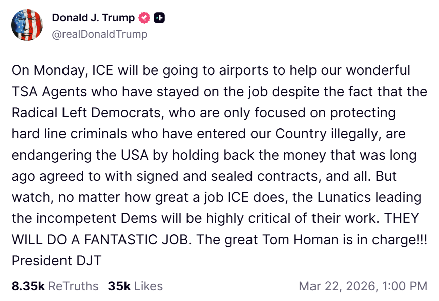 Auf Truth Social kündigt Trump den ICE-Einsatz an . (Screenshot)