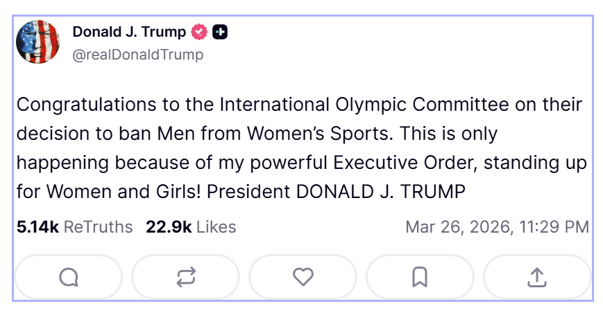 Trump reklamiert die Entscheidung des IOC, Trans-Athleten nicht bei Frauenbewerben starten zu lassen, für sich selbst. Screenshot: JF