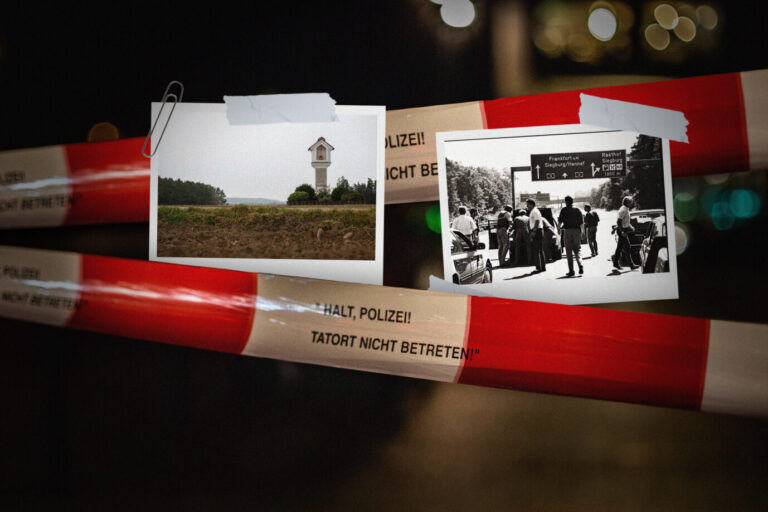 Ein Polizeiabsperrband, davor Bilder von Tatorten: Hinterkaifeck und Gladbach-Entführung, Symbolbild für Mordorte und True Crime