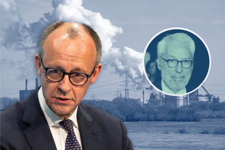 Bundeskanzler Friedrich Merz (CDU, l.) und ein Gaskraftwerk im Hintergrund: Deutschlands Energieversorgung hängt von LNG-Importen ab. (Themenbild)