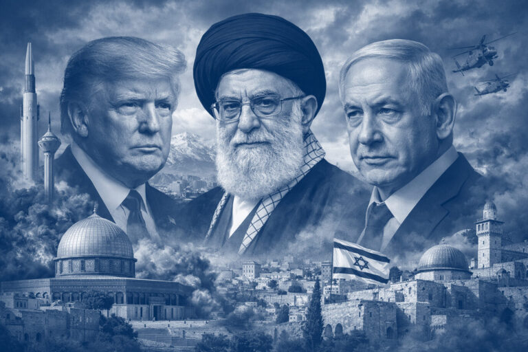 Das Bild ist KI-generiert und zeigt den Präsidenten der USA, Donald Trump, den Ajatollah Ali Chamenei vom Iran und den israelischen Ministerpräsidenten Benjamin Netanjahu.