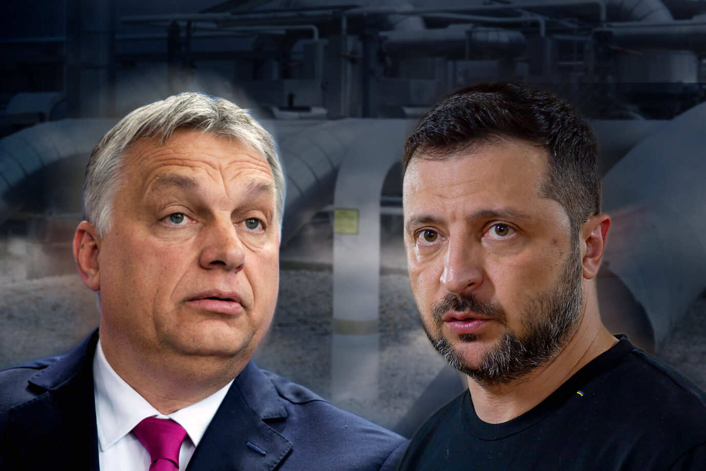 Im Streit über einen von Ungarn blockierten EU-Kredit droht der ukrainische Präsident Wolodymyr Selenskyj dem ungarischen Ministerpräsidenten Viktor Orban. Danach werden sieben ukrainische Begleiter eines Geldtransporters in Ungarn festgenommen. Fotomontage: IMAGO / Sven Simon