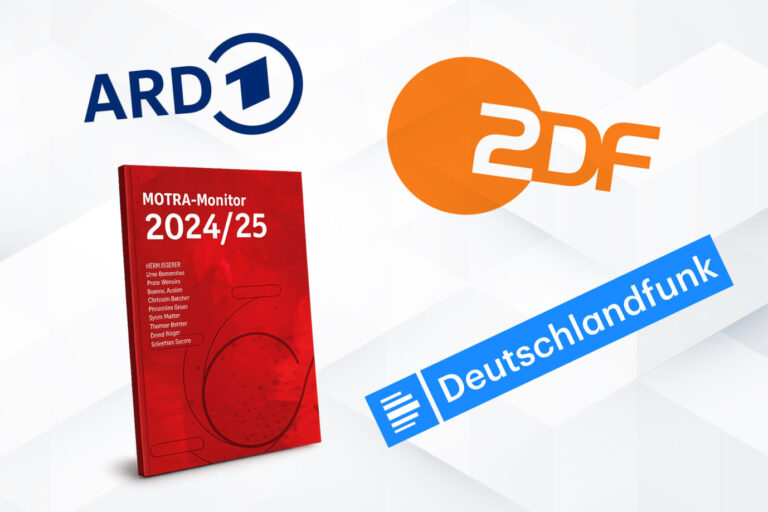 Logos von ARD, ZDF und Deutschland Funk mit dem MOTRA-Bericht vor einem weißen Hintergrund: Das BKA legt die Grundlage für Märchen.