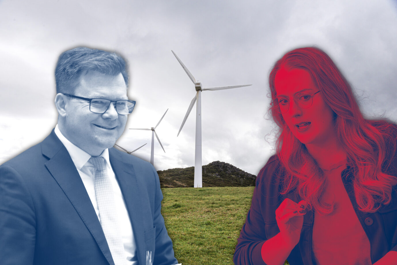 Bundesumweltminister Carsten Schneider (SPD) und Grünen-Co-Fraktionsvorsitzende Katharina Dröge vor Windrädern: Klimaschutz geht den Grünen nie weit genug. Fotos: picture alliance / imageBROKER | Addictive Stock /// picture alliance / Flashpic | Jens Krick /// picture alliance / photowerkstatt | Mike Schmidt