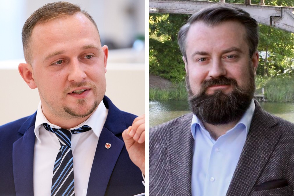 Die Brandenburger AfD-Landratskandidaten Felix Teichner (links) und Matthäus Mikolaszek.