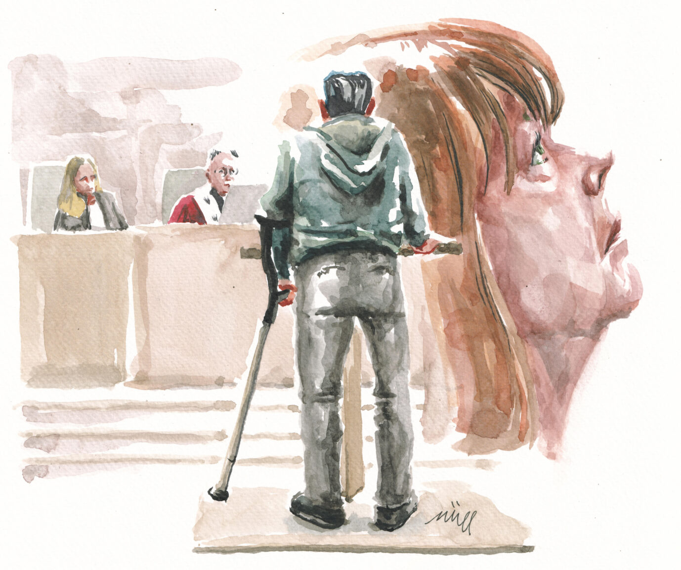 Zeichnung einer Szene des Gerichtsprozesses gegen Dominique Pelicot und 50 weitere Männer, die seine Frau Gisèle Pelicot (rechts) vergewaltigt haben. In der Mitte steht der Täter Husamettin Dogan, der zu einer langen Haftstrafe verurteilt wurde Foto: picture alliance / Hans Lucas | ZZIIGG