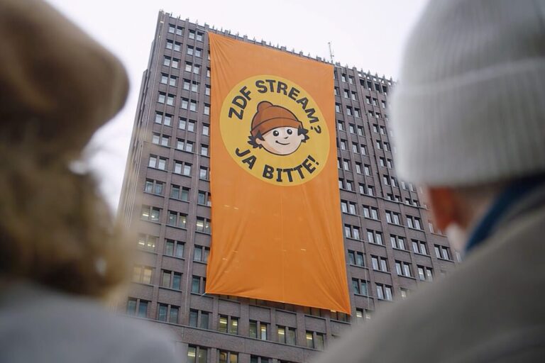 Ein Banner des ZDF-„Stream-Teams“ am Potsdamer Platz. (Themenbild)