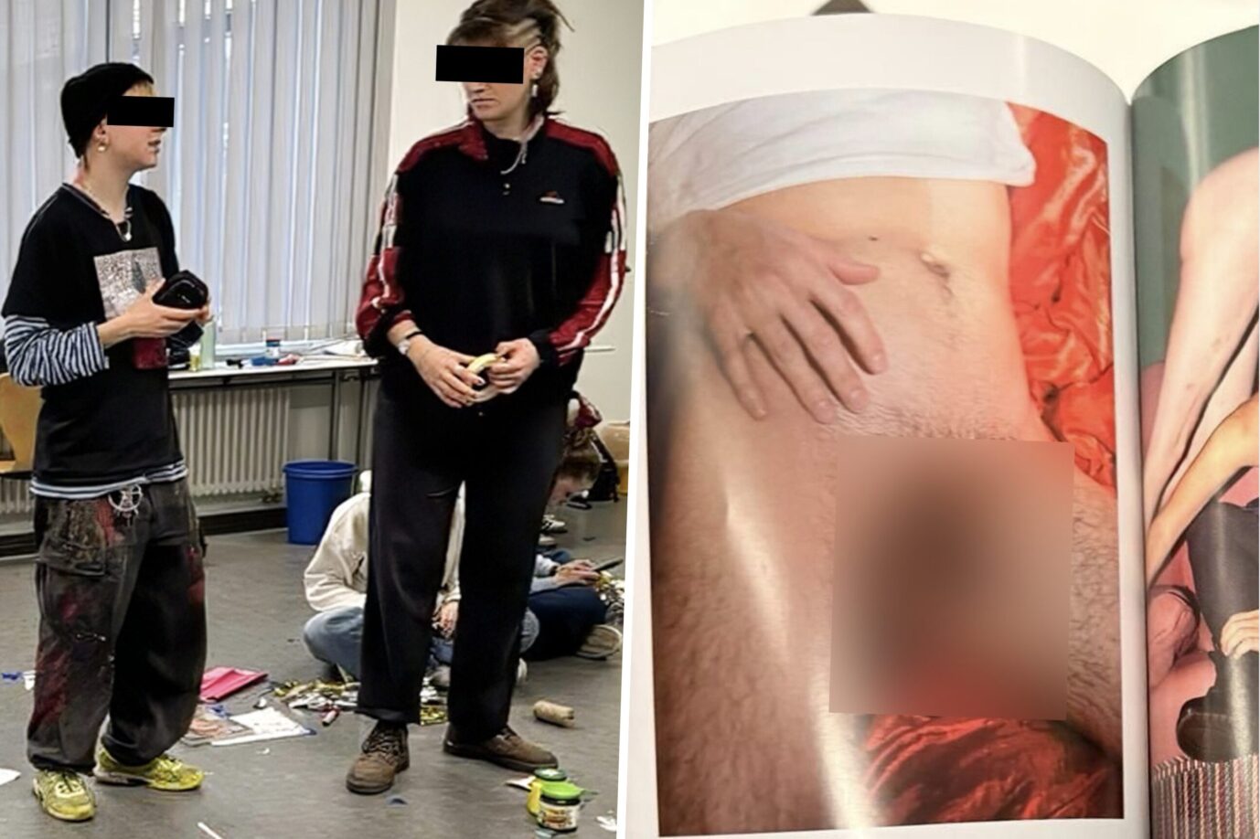 Das Bild zeigt zwei linksextreme Frauen, die einer Schulklasse von Minderjährigen homosexuelle Pornos im Unterricht gezeigt haben sollen.