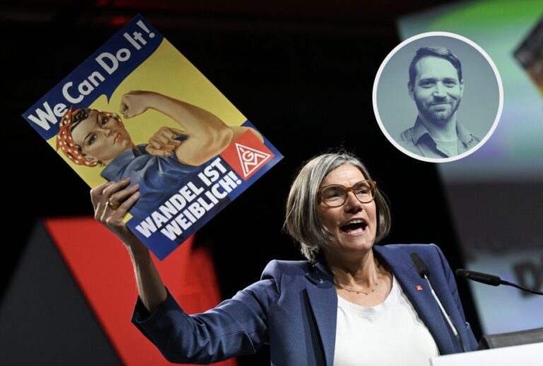 Christiane Benner, neue Erste Vorsitzende der IG Metall, freut sich auf dem Gewerkschaftstag der Industriegewerkschaft auf dem Messegelände mit einem Plakat mit der Aufschrift „We can do it! Wandel ist weiblich!“ nach ihrer Wahl. Mit Christiane Benner ist in der 130-jährigen Geschichte der Gewerkschaft erstmals eine Frau an die Spitze gewählt worden. Der Gewerkschaftstag findet alle vier Jahre statt und ist mit 421 Delegierten das oberste Entscheidungsgremium der stärksten deutschen Gewerkschaft mit mehr als 2,1 Millionen Mitgliedern. Gewerkschaften verlieren Mitglieder.