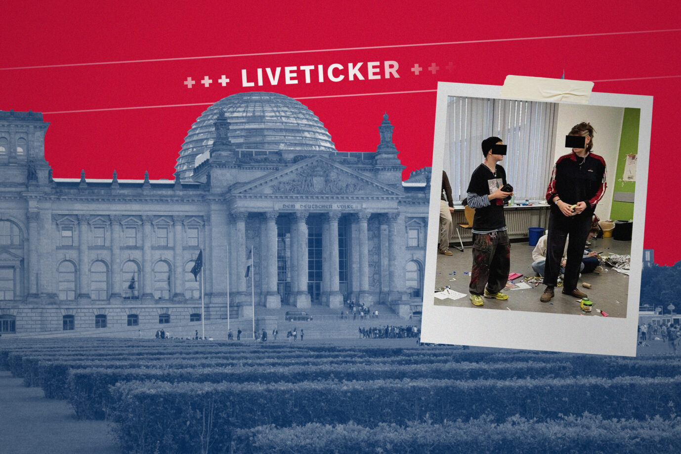 Das Bild zeigt den Bundestag und zwei linksextreme Frauen, die an der Oberschule Schleife einer minderjährigen Schulklasse homosexuelle Pornos gezeigt haben.