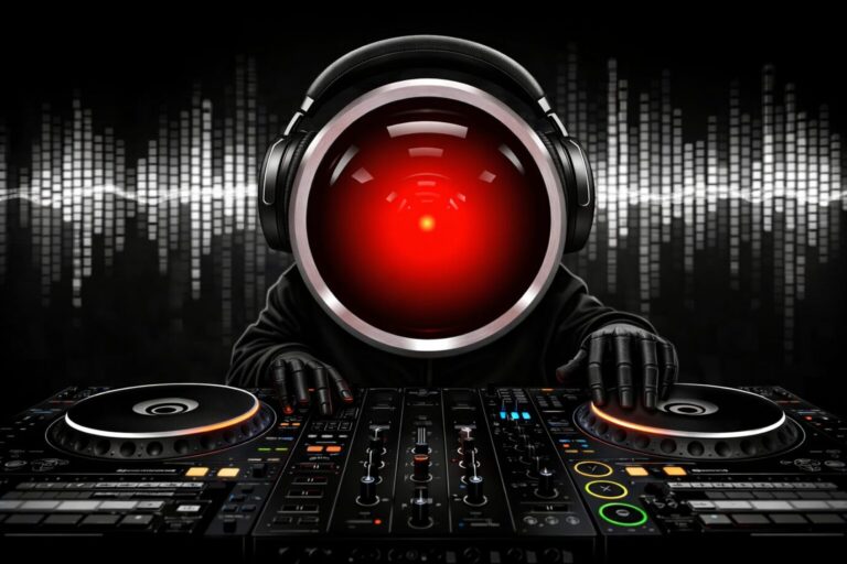 Man sieht ein rotes Auge vor einem DJ-Mischpult – es handelt sich um den Bordcomputer Hal 9000 aus dem Science-Fiction-Klassiker 2001 – A Space Odysee, ein Symbolbild für KI-Musik