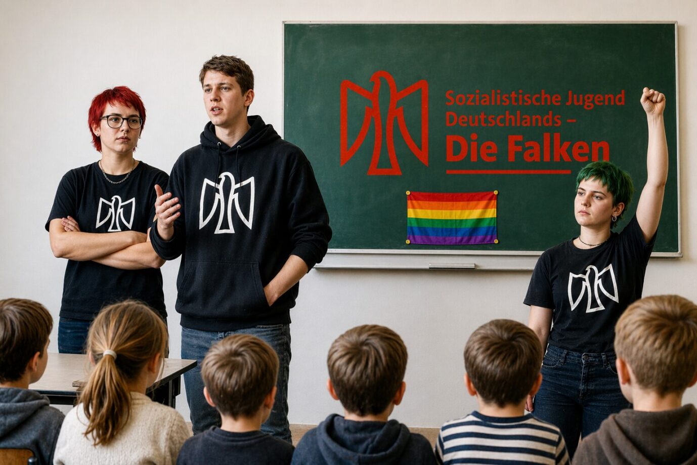 Das KI-generierte Bild soll einen Auftritt von Vertretern der Jugendorganisation „Die Falken“ in einer Grundschule symbolisieren. Der Verband will den Sozialismus errichten.