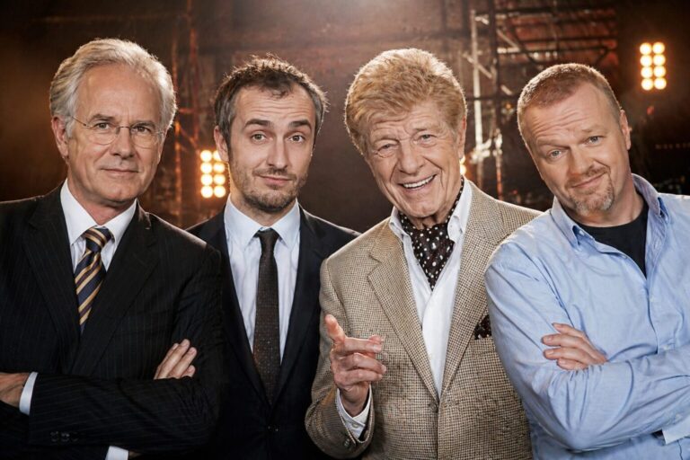 Harald Schmidt, Jan Böhmermann, Rudi Carrell und Stefan Raab repräsentieren verschiedene Generationen des deutschen Showgeschäfts. Foto: OpenAI