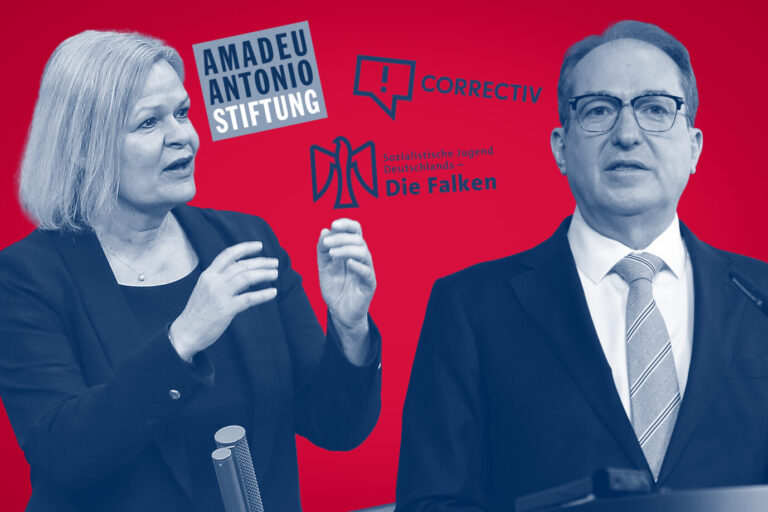 Ex-Innenministerin Nancy Faeser, der amtierende Innenminister Alexander Dobrindt und die Logos mehrerer NGOs