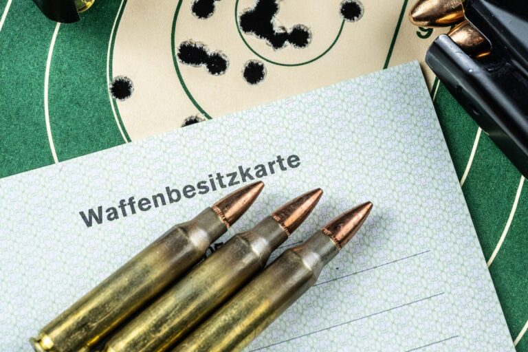 Eine halbautomatische Pistole eines Sportschützen im Kaliber 9mm Luger, Patronen im Kaliber .223 Remington, ein Magazin einer Halbautomatischen AR-15, ein Magazin mit 9mm Patronen und eine Waffenbesitzkarte liegen auf einer gebrauchten Zielscheibe. Sachsens Innenministerium erschwert den Zugang zum legalen Waffenbesitz für Mitglieder und Sympathisanten der AfD erheblich.