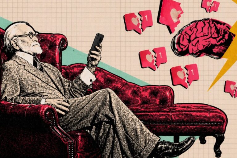 Das Bild ist KI-generiert und zeigt Sigmund Freud mit einem Smartphone. Es ist ein Symbolbild für einen Text über toxische Beziehungen.