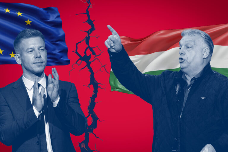 Ungarns Ministerpräsident Viktor Orbán (rechts) und sein Kontrahent Péter Magyar: Durch Ungarn zieht sich ein Riss. Fotos: picture alliance / Photoshot | - /// 575955431 /// AdobeStock_1769960025 /// AdobeStock_1817962090 /// JF Montage mit KI