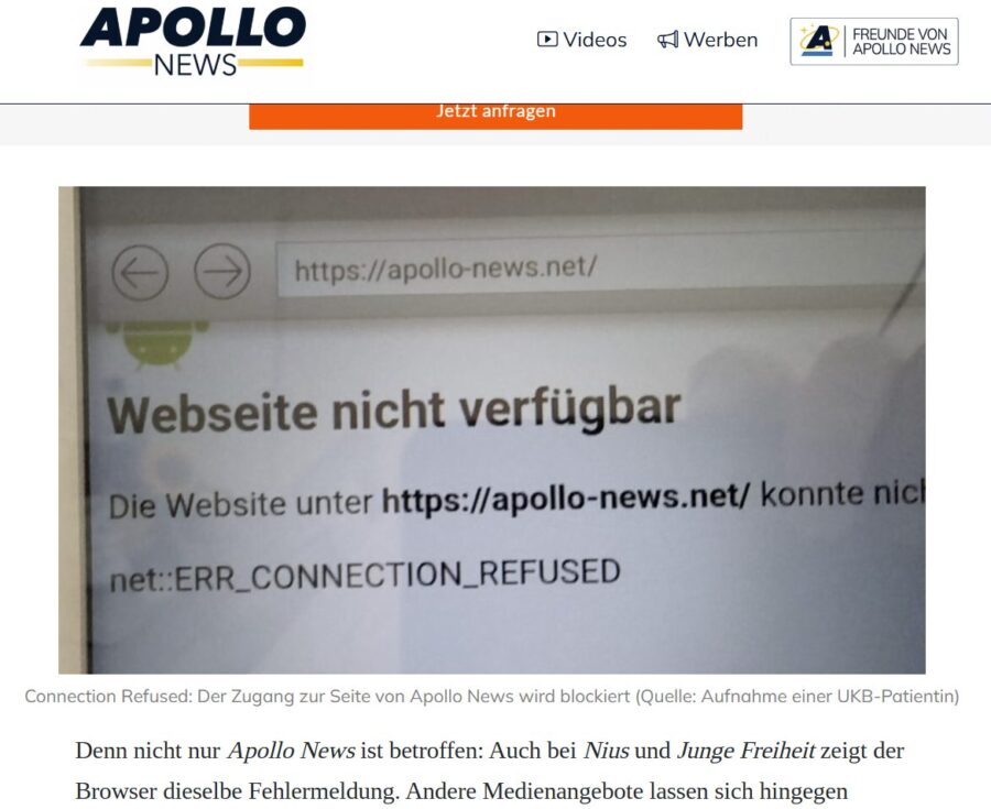 Die Plattform Apollo-News lieferte in ihrer Berichterstattung Screenshots von mutmaßlichen Patienten. Die Uniklinik Bonn will von derlei Fehlermeldungen nichts wissen. Screenshot: JF