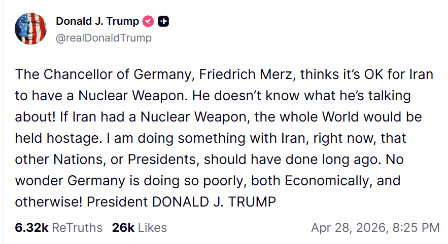 Auf Truth Social teil der US-Präsident gegen Kanzler Merz aus. Screenshot: X / JF