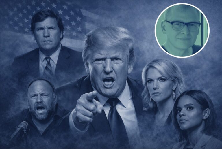 Donald Trump mit den rechten Influencern Tucker Carlson, Alex Jones, Megyn Kelly und Candace Owens