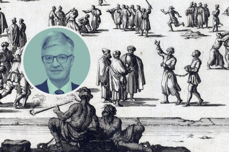 Eine niederländische Zeichnung aus dem 17. Jahrhundert, die einen Sklavenmarkt in Algerien darstellt: Hier werden Christen an reiche Araber verkauft. Es geht hier um Sklaverei. (Themenbild/Collage)