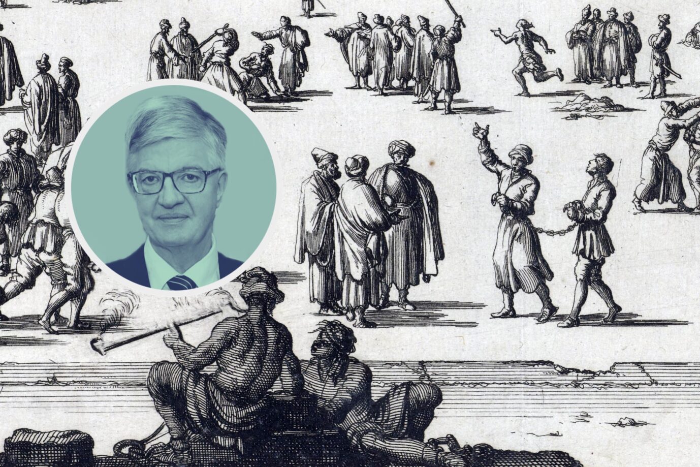 Eine niederländische Zeichnung aus dem 17. Jahrhundert, die einen Sklavenmarkt in Algerien darstellt: Hier werden Christen an reiche Araber verkauft. Es geht hier um Sklaverei. (Themenbild/Collage)