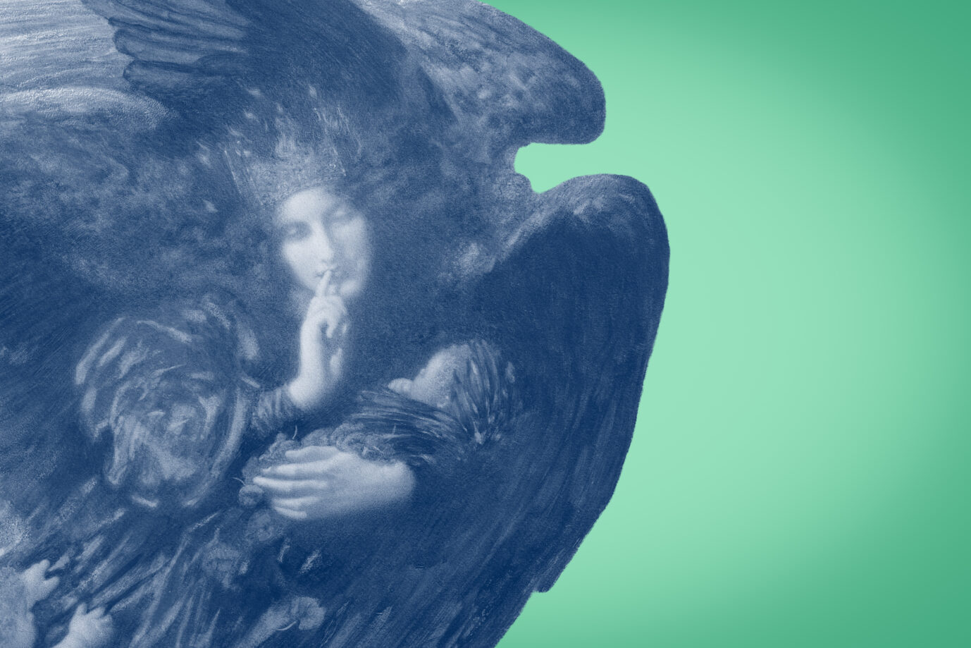 Ein Engel hält sich die Finger vor die Lippen – Symbolbild für Stille