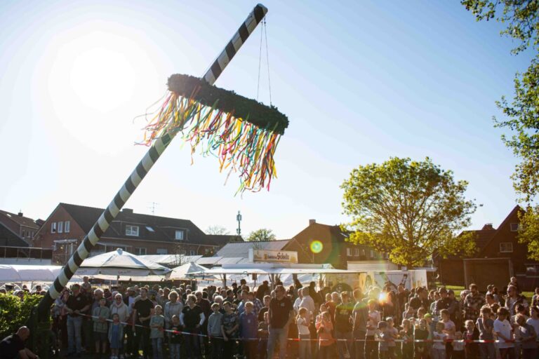 Eine Tradition zum Beginn des Mai: Aufstellung des Maibaums in Hamminkeln-Dingden (NRW)