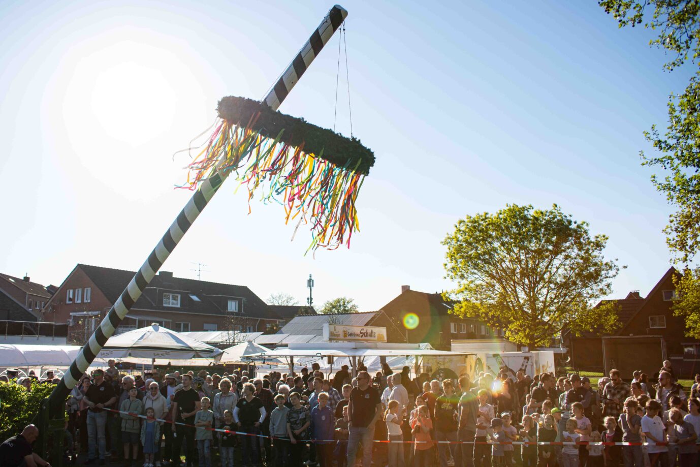Eine Tradition zum Beginn des Mai: Aufstellung des Maibaums in Hamminkeln-Dingden (NRW)