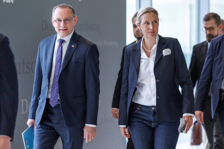 In Umfragen sind sie so stark vor der Union wie noch nie: AfD-Chefs Tino Chrupalla (links) und Alice Weidel. laufen durch den Bundestag