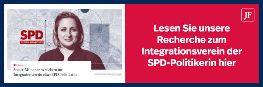 Die Grafik bewirbt eine Recherche der JUNGEN FREIHEIT zum Verein Integrationsarbeit Kronsberg.