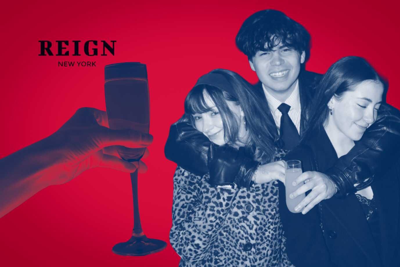 Oben links sieht man das Logo des rechten Clubs Reign in NYC, darunter eine Hand, die ein Sektglas hält und rechts drei junge hübsche Menschen auf einem Partyfoto