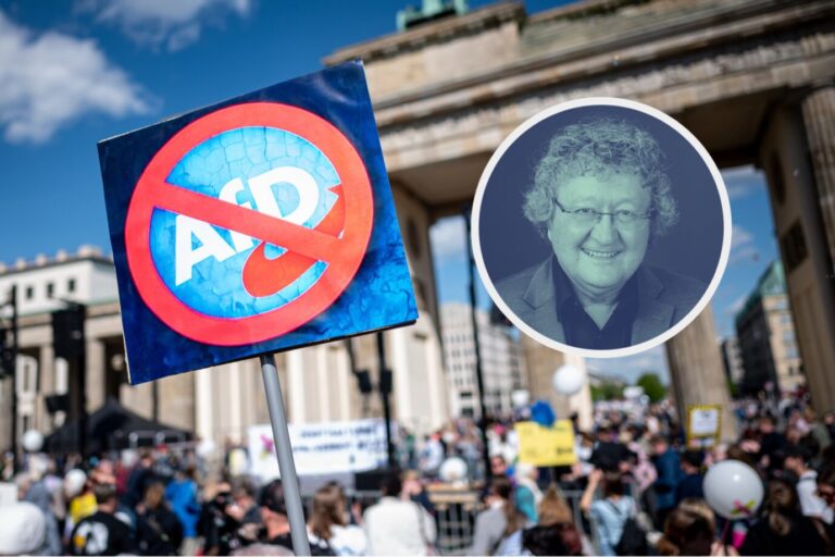Ein Protestschild gegen die AfD in Berlin: Das hysterische Vorgehen gegen die Partei erinnert an die Anfänge der SPD. Damit schädigt man aber die Demokratie. (Themenbild/Collage)