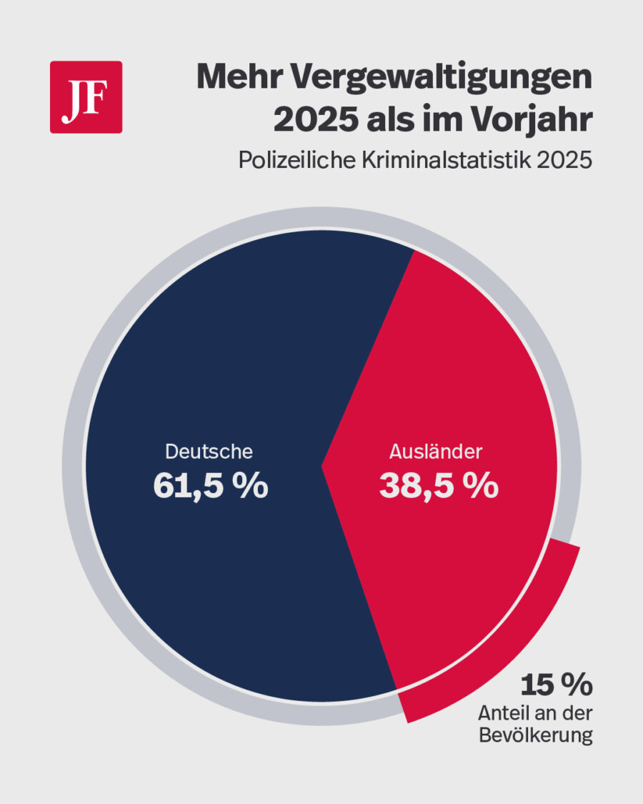 Die Grafik zeigt basierend auf der Polizeilichen Kriminalstatistik den Ausländeranteil von Tatverdächtigen bei Vergewaltigungen und setzt es in Kontrast zu deren Anteil an der Gesamtbevölkerung.
