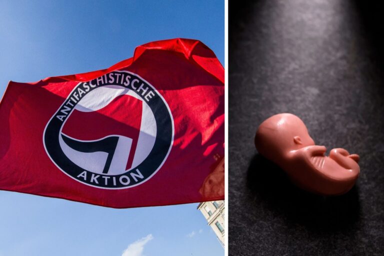Das Foto zeigt eine Fahne der linksextremen Antifa und einen Embryo