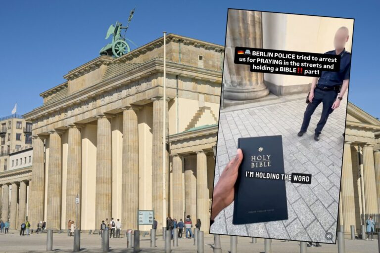 Das Foto zeigt das Brandenburger Tor und einen Screenshot von dem bei Instagram verbreiteten Video zu dem Gebets-Vorfall.
