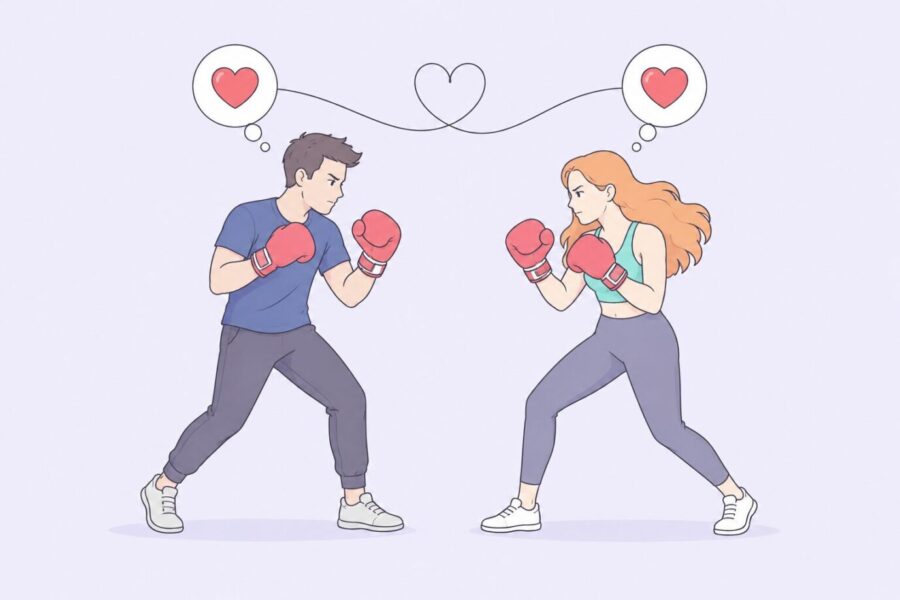 Das Bild ist ein Symbolbild. Es zeigt eine junge Frau im Boxkampf gegen einen jungen Mann. Der Kampf der Geschlechter belastet die Gesamtgesellschaft.