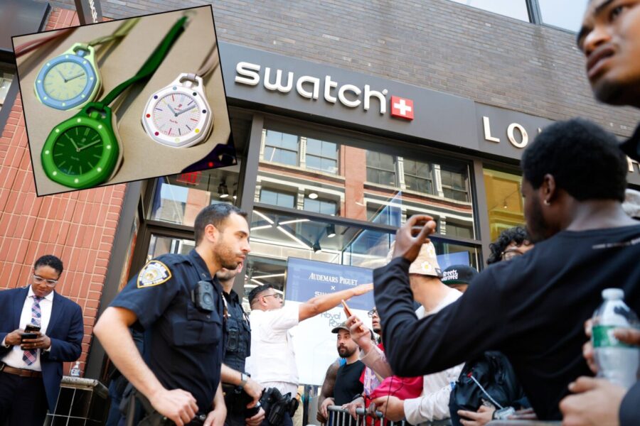 Die „Royal Pop“ von Swatch löst einen Kundenansturm an: Die Hysterie kennt keine Grenzen. Fotos: picture alliance / newscom | JOHN ANGELILLO /// picture alliance / REUTERS | Lisi Niesner
