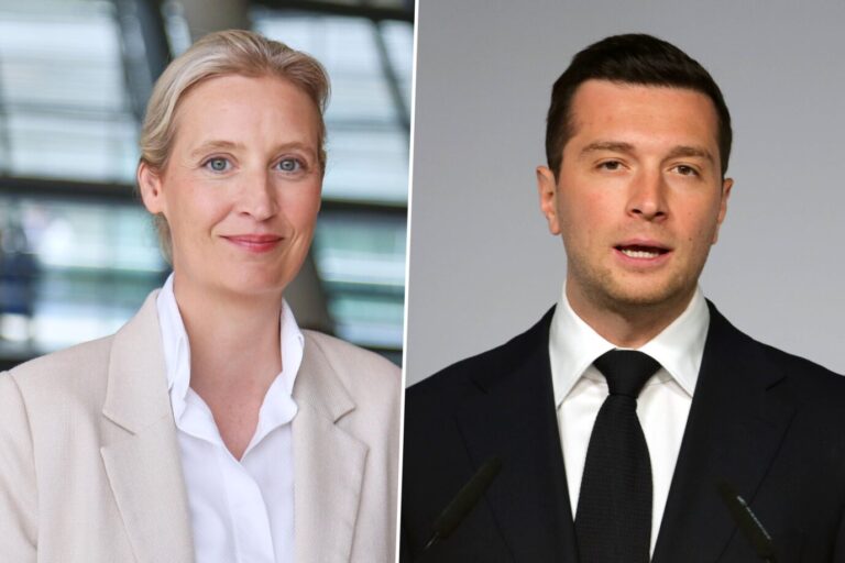 Das Bild zeigt Alice Weidel von der AfD und Jordan Bardella vom Rassemblement National.