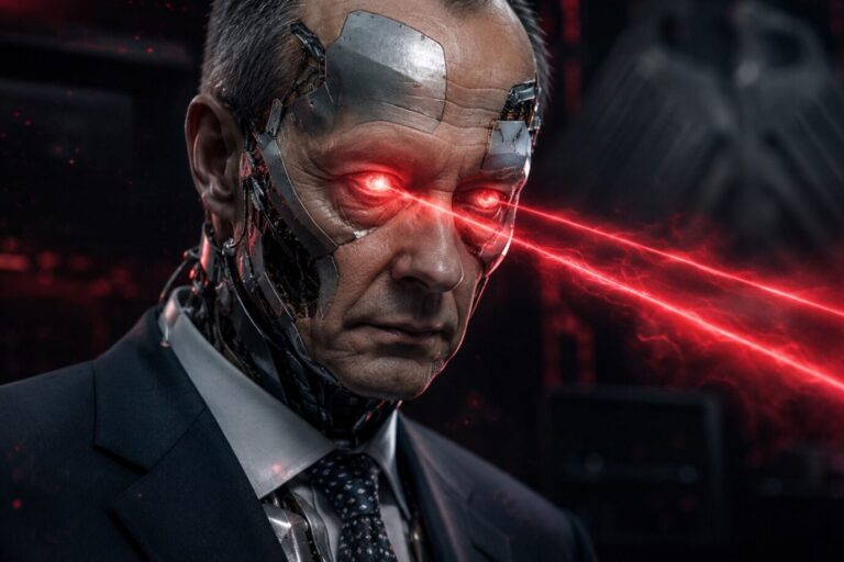 Das Bild ist KI-generiert und zeigt Bundeskanzler Friedrich Merz von der CDU als Cyborg mit Laseraugen.