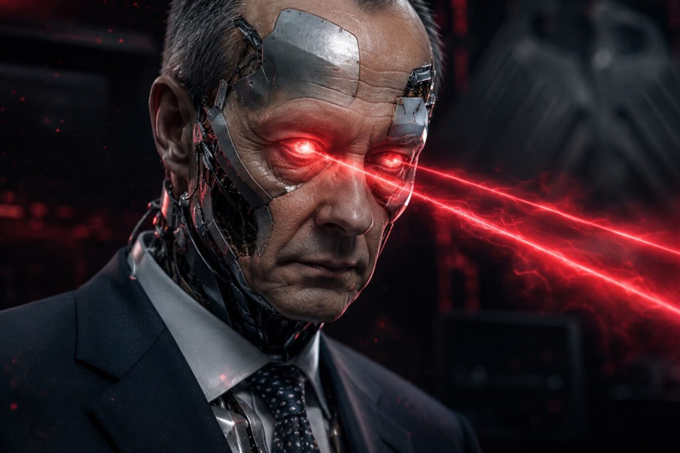 Das Bild ist KI-generiert und zeigt Bundeskanzler Friedrich Merz von der CDU als Cyborg mit Laseraugen.