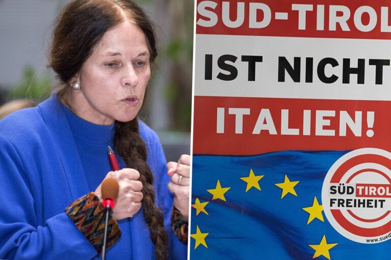 Das Bild zeigt Eva Klotz und ein Plakat ihrer Partei, der Süd-Tiroler Freiheit.