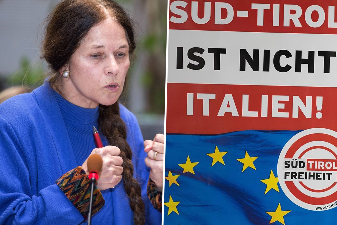 Das Bild zeigt Eva Klotz und ein Plakat ihrer Partei, der Süd-Tiroler Freiheit.