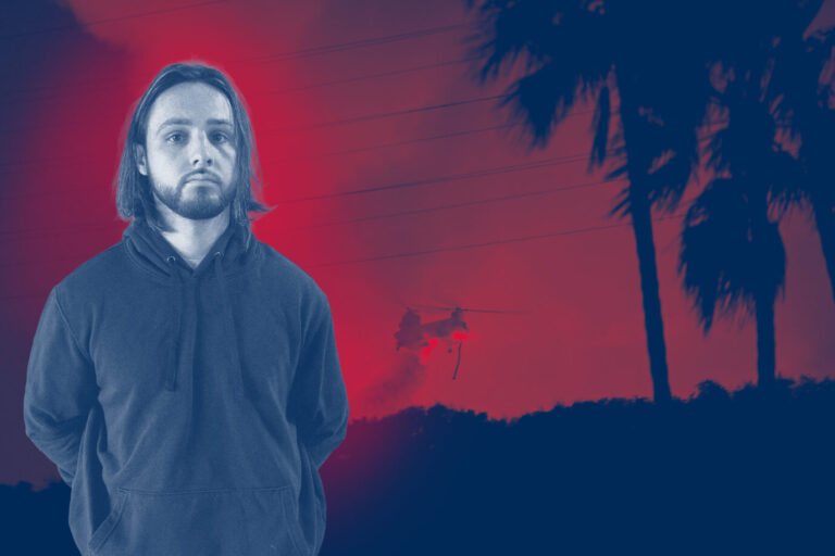 Feuer in Los Angeles, daneben der Mann, der das Feuer vermutlich gelegt hat