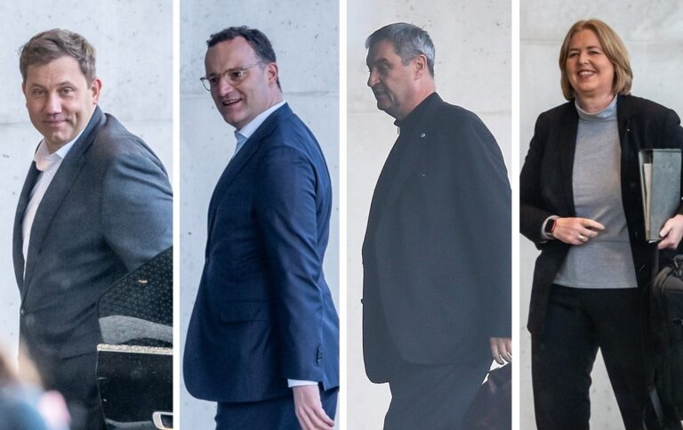 Koalitionsausschuss: Lars Klingbeil, Jens Spahn, Markus Söder und Bärbel Bas (v.l.n.r.) auf dem Weg zur Kanzler Friedrich Merz.